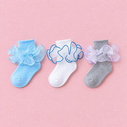 Girls Double-Ruffle Fold-Over Dress Socks, 3-pair bundle: Royal Blue, Light Blue, Grey
