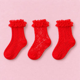 Women's Lace Ruffle Mesh-Trim Socks, 3-pair bundle: Red, Red 2#, Red 3#