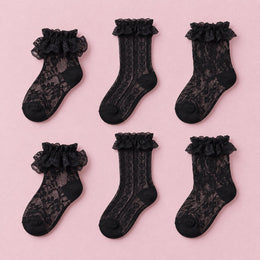 Women's Lace Ruffle Mesh-Trim Socks, 6-pair bundle: Black x2, Black 2# x2, Black 3# x2