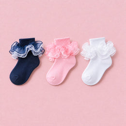 Women's Fluffy Lace Ruffle Dress Socks, 3-pair bundle: White, Pink, Navy Blue
