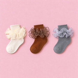 Women's Double-Ruffle Fold-Cuff Dress Socks, 3-pair bundle: Cream, Grey, Brown