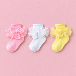 Girls Double-Ruffle Fold-Over Dress Socks, 3-pair bundle: White, Pink, Light Yellow