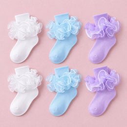 Girls Fancy 4-Layer Ruffle Pageant Socks, 6-pair bundle: White x2, Light Blue x2, Purple x2