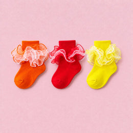 Women's Fluffy 4-Layer Ruffle Socks, 3-pair bundle: Orange, Red, Yellow