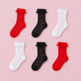 Women's Lace Ruffle Mesh-Trim Socks, 6-pair bundle: Black, White, Red, Black 2#, White 2#, Red 2#