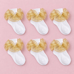 Girls Glitter Ruffle Turn-Cuff Socks, 6-pair bundle: Gold x6