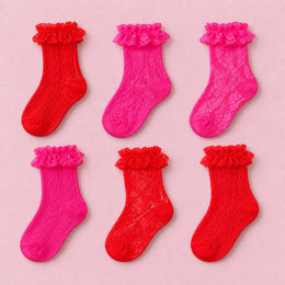 Women's Lace Ruffle Mesh-Trim Socks, 6-pair bundle: Hot Pink, Hot Pink 2#, Hot Pink 3#, Red, Red 2#, Red 3#