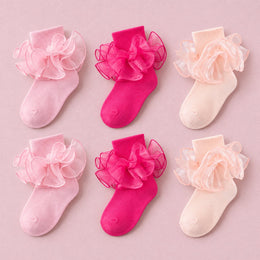 Girls Double-Ruffle Fold-Over Dress Socks, 6-pair bundle: Pink x2, Hot Pink x2, Light Pink x2