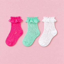 Women's Lace Ruffle Mesh-Trim Socks, 3-pair bundle: Green 3#, Hot Pink 3#, White 3#