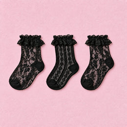 Women's Lace Ruffle Mesh-Trim Socks, 3-pair bundle: Black, Black 2#, Black 3#