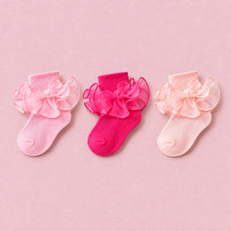 Girls Double-Ruffle Fold-Over Dress Socks, 3-pair bundle: Pink, Hot Pink, Light Pink
