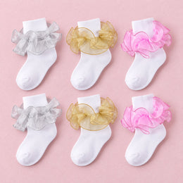 Girls Glitter Ruffle Turn-Cuff Socks, 6-pair bundle: Gold x2, Pink x2, Silver x2