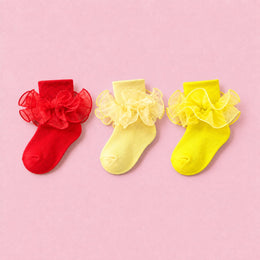 Girls Double-Ruffle Fold-Over Dress Socks, 3-pair bundle: Red, Bright Yellow, Light Yellow