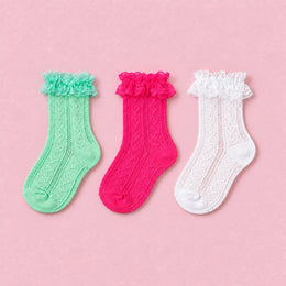 Women's Lace Ruffle Mesh-Trim Socks, 3-pair bundle: Green, Hot Pink, White