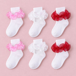 Women's Fluffy Ruffle Turn-Cuff Socks, 6-pair bundle: White x2, Pink x2, Red x2