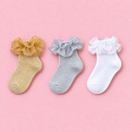 Women's Sparkle Ruffle Ankle Socks, 3-pair bundle: Gold, White, Silver
