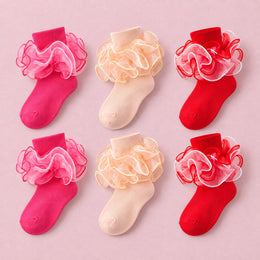 Girls Fancy 4-Layer Ruffle Pageant Socks, 6-pair bundle: Hot Pink x2, Red x2, Light Orange x2