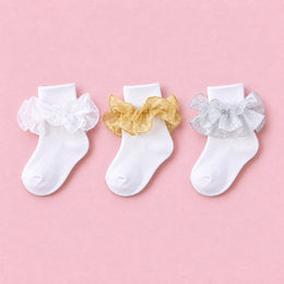 Women's Fluffy Ruffle Turn-Cuff Socks, 3-pair bundle: White, Gold, Silver