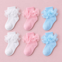 Women's Double-Ruffle Fold-Cuff Dress Socks, 6-pair bundle: White x2, Pink x2, Light Blue x2