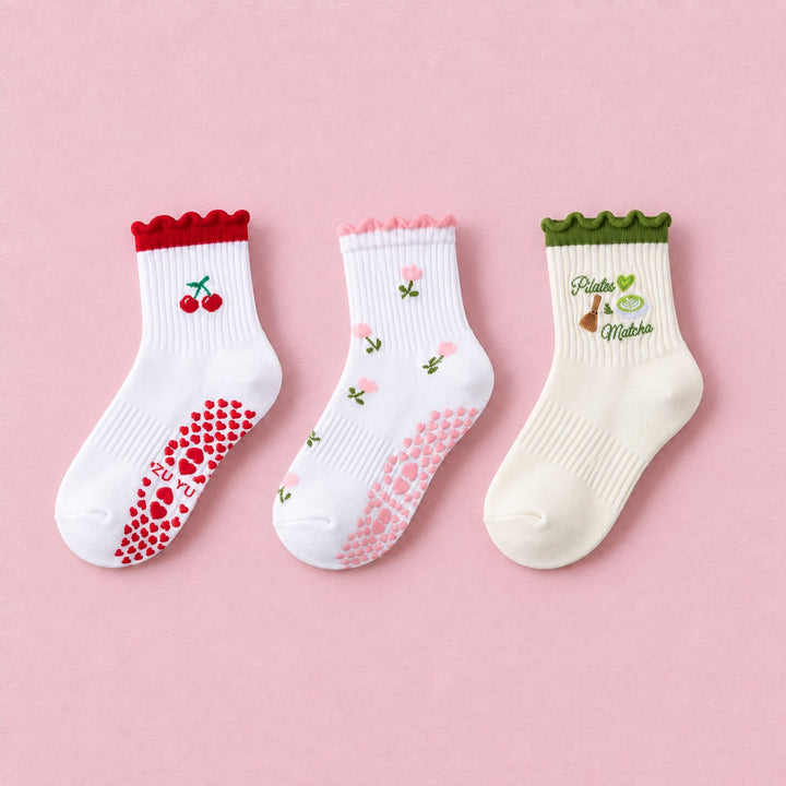 Women's Cute Ruffle Pilates Grip Socks, 3-pair bundle: Multicolor, Multicolor 3#, Multicolor 5#