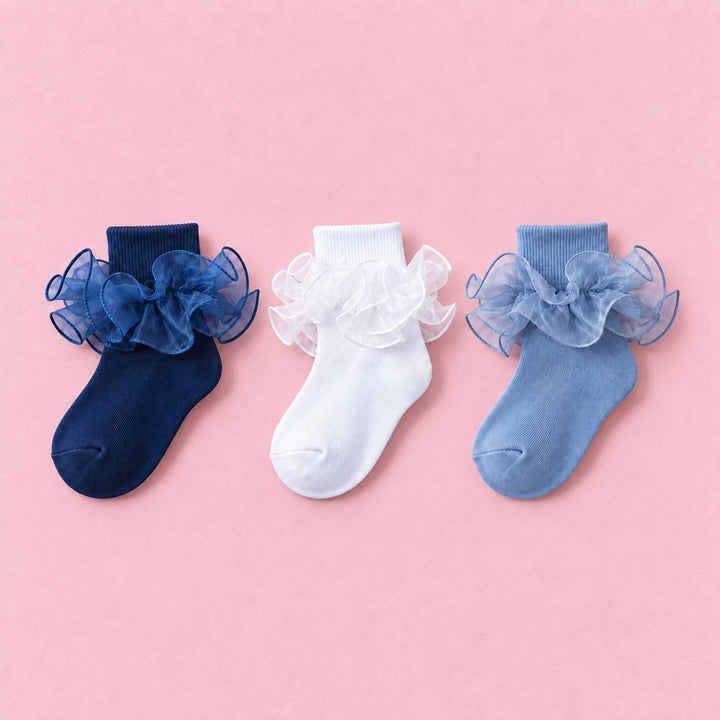 Women's Double-Ruffle Fold-Cuff Dress Socks, 3-pair bundle: Navy Blue, Grey Blue, White