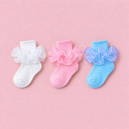 Women's Fluffy 4-Layer Ruffle Socks, 3-pair bundle: White, Pink, Sky Blue