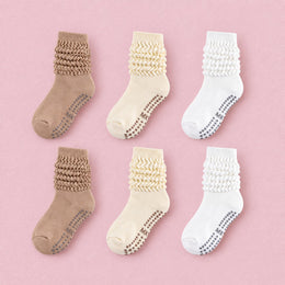 Women's Scrunch Pilates Grip Socks, 6-pair bundle: Beige x2, Khaki x2, White x2