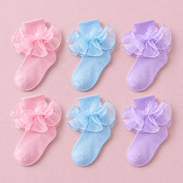 Girls Double-Ruffle Fold-Over Dress Socks, 6-pair bundle: Pink x2, Light Blue x2, Purple x2