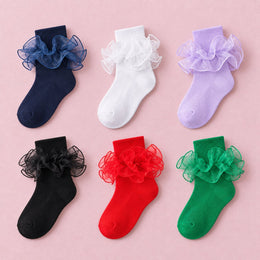 Women's Double-Ruffle Fold-Cuff Dress Socks, 6-pair bundle: Black, White, Purple, Emerald, Red, Navy Blue