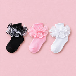 Women's Fluffy Lace Ruffle Dress Socks, 3-pair bundle: White, Pink, Black