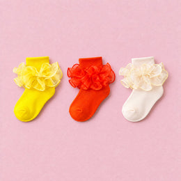 Women's Double-Ruffle Fold-Cuff Dress Socks, 3-pair bundle: Cream, Orange, Yellow