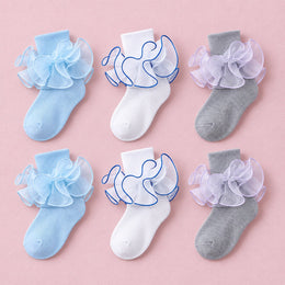 Girls Double-Ruffle Fold-Over Dress Socks, 6-pair bundle: Royal Blue x2, Light Blue x2, Grey x2