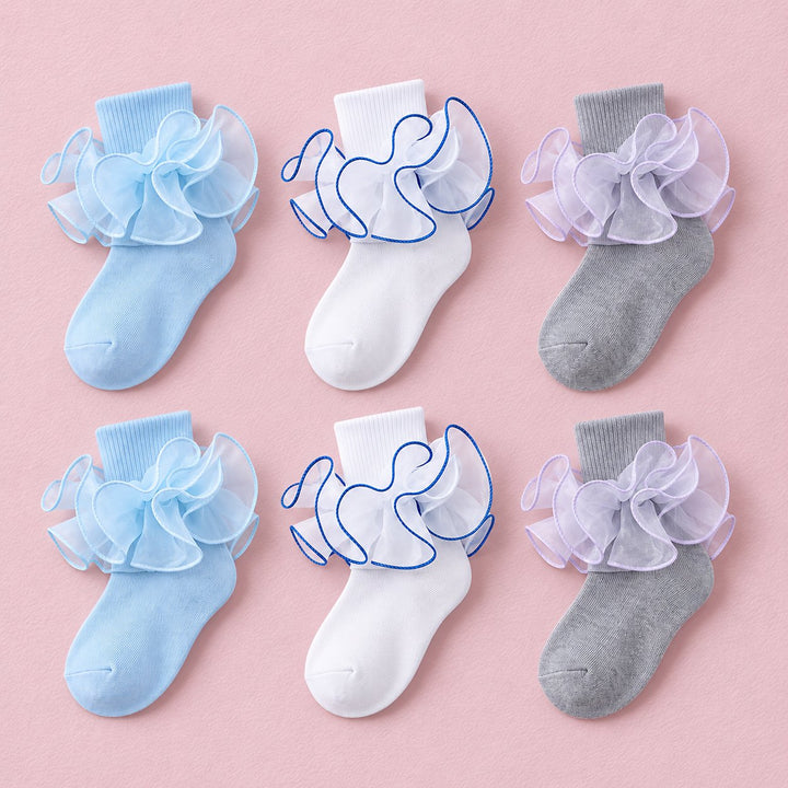 Girls Double-Ruffle Fold-Over Dress Socks, 6-pair bundle: Royal Blue x2, Light Blue x2, Grey x2