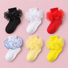Girls Double-Ruffle Fold-Over Dress Socks, 6-pair bundle: White, Black, Red, Royal Blue, Bright Yellow, Light Yellow