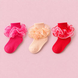 Girls Fancy 4-Layer Ruffle Pageant Socks, 3-pair bundle: Hot Pink, Red, Light Orange