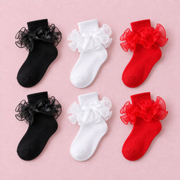 Women's Double-Ruffle Fold-Cuff Dress Socks, 6-pair bundle: White x2, Black x2, Red x2