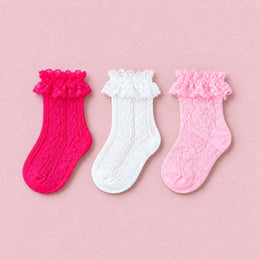 Women's Lace Ruffle Mesh-Trim Socks, 3-pair bundle: Pink, Hot Pink, White