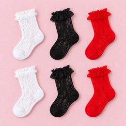 Women's Lace Ruffle Mesh-Trim Socks, 6-pair bundle: Black 2# x2, White 2# x2, Red 2# x2