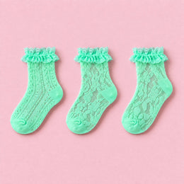 Women's Lace Ruffle Mesh-Trim Socks, 3-pair bundle: Green, Green 2#, Green 3#