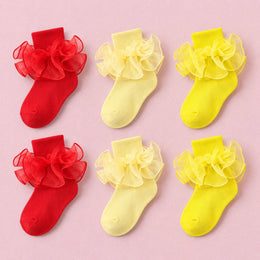 Girls Double-Ruffle Fold-Over Dress Socks, 6-pair bundle: Red x2, Bright Yellow x2, Light Yellow x2
