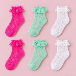 Women's Lace Ruffle Mesh-Trim Socks, 6-pair bundle: Green 3# x2, Hot Pink 3# x2, White 3# x2