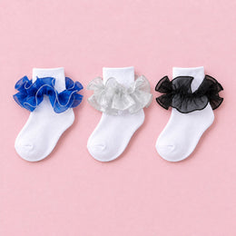 Women's Fluffy Ruffle Turn-Cuff Socks, 3-pair bundle: Dark Blue, Black, Silver