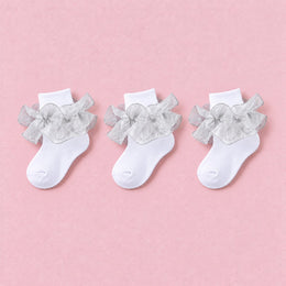 Girls Glitter Ruffle Turn-Cuff Socks, 3-pair bundle: Silver x3