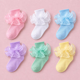 Girls Double-Ruffle Fold-Over Dress Socks, 6-pair bundle: White, Pink, Light Blue, Purple, Light Yellow, Light Green
