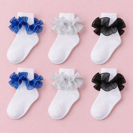 Women's Fluffy Ruffle Turn-Cuff Socks, 6-pair bundle: Dark Blue x2, Black x2, Silver x2