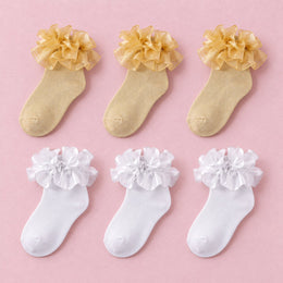 Girls Glitter Ruffle Dress Socks, 6-pair bundle: Gold x3, White x3