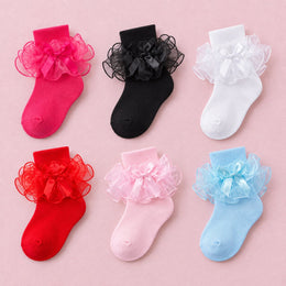 Women's Big Ruffle Bow Dress Socks, 6-pair bundle: White, Black, Red, Blue, Pink, Hot Pink