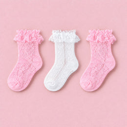 Women's Lace Ruffle Mesh-Trim Socks, 3-pair bundle: Pink, Pink 2#, White
