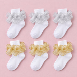 Girls Glitter Ruffle Turn-Cuff Socks, 6-pair bundle: Silver x3, Gold x3