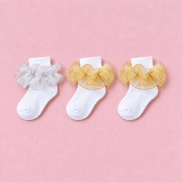 Girls Glitter Ruffle Turn-Cuff Socks, 3-pair bundle: Gold x2, Silver
